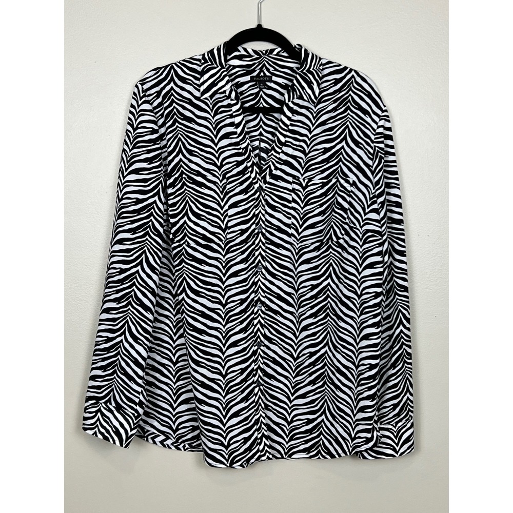 Talbots Womens Size 16 Zebra Print Button Down Blouse Black‎ White Long Sleeve